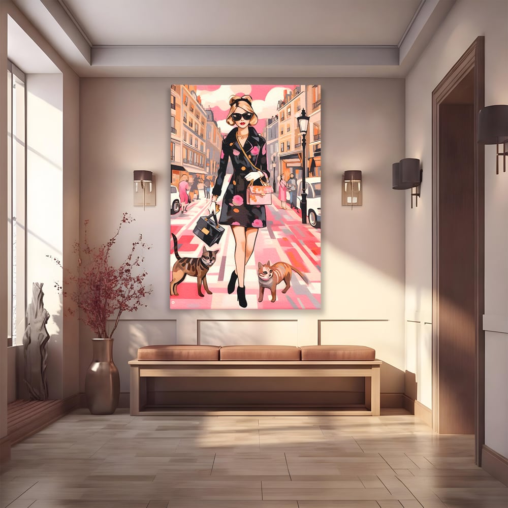 Tablou canvas cu ilustratie fashion cu femeie si pisici, fara rama, pe sasiu de lemn